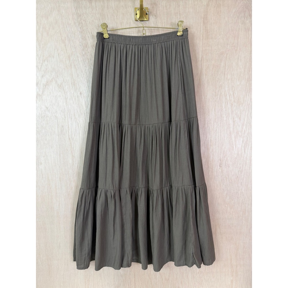 American Threads Womens Small Tiered Maxi Skirt Olive Brown Flowy Boho Elastic
